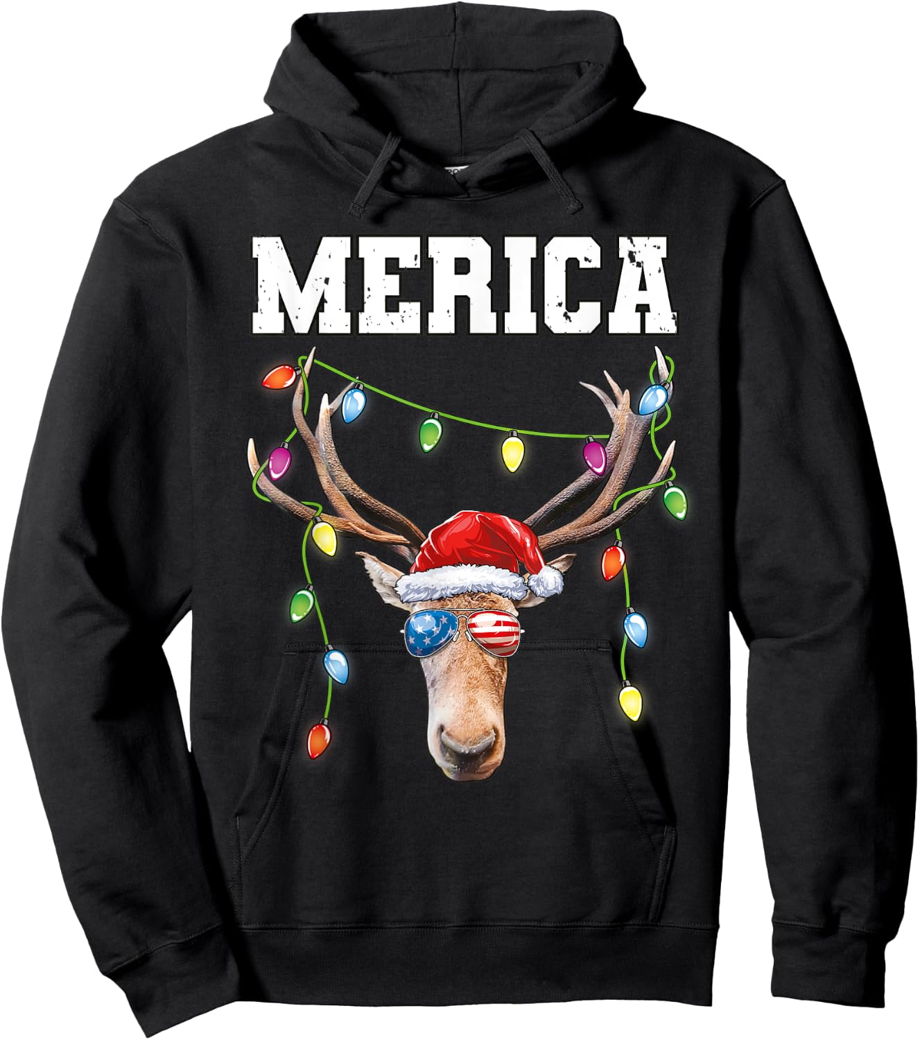 Merica Christmas Santa Buck Shirt USA Flag Patriotic Hoodie - Hoodie | Black