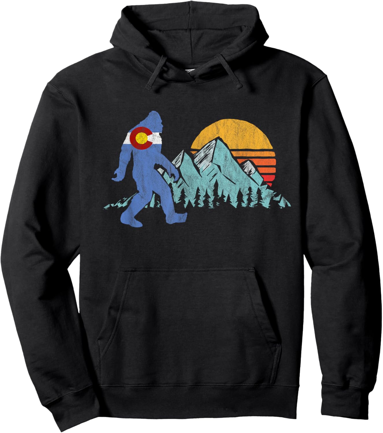 Retro Bigfoot Sun & Mountain State Flag of Colorado Graphic Hoodie - Hoodie | Black