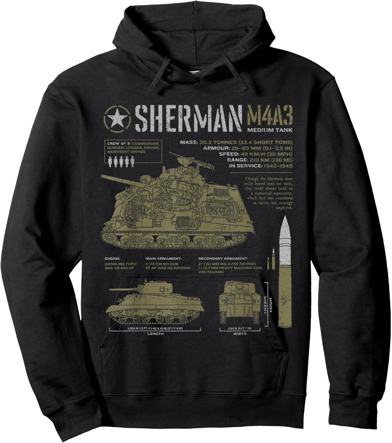 Sherman Tank World War 2 Blueprint Hoodie - Hoodie | Black