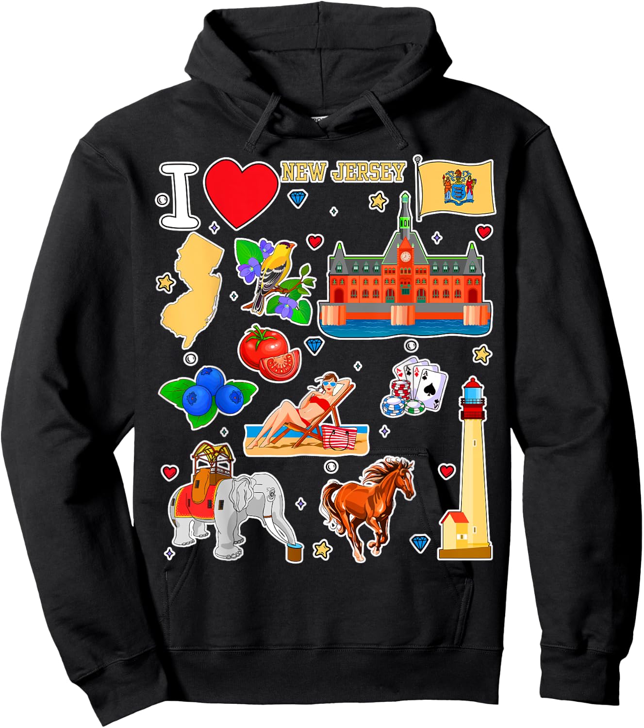 New Jersey map, hand drawn State Symbols and icons Hoodie - Hoodie | Black