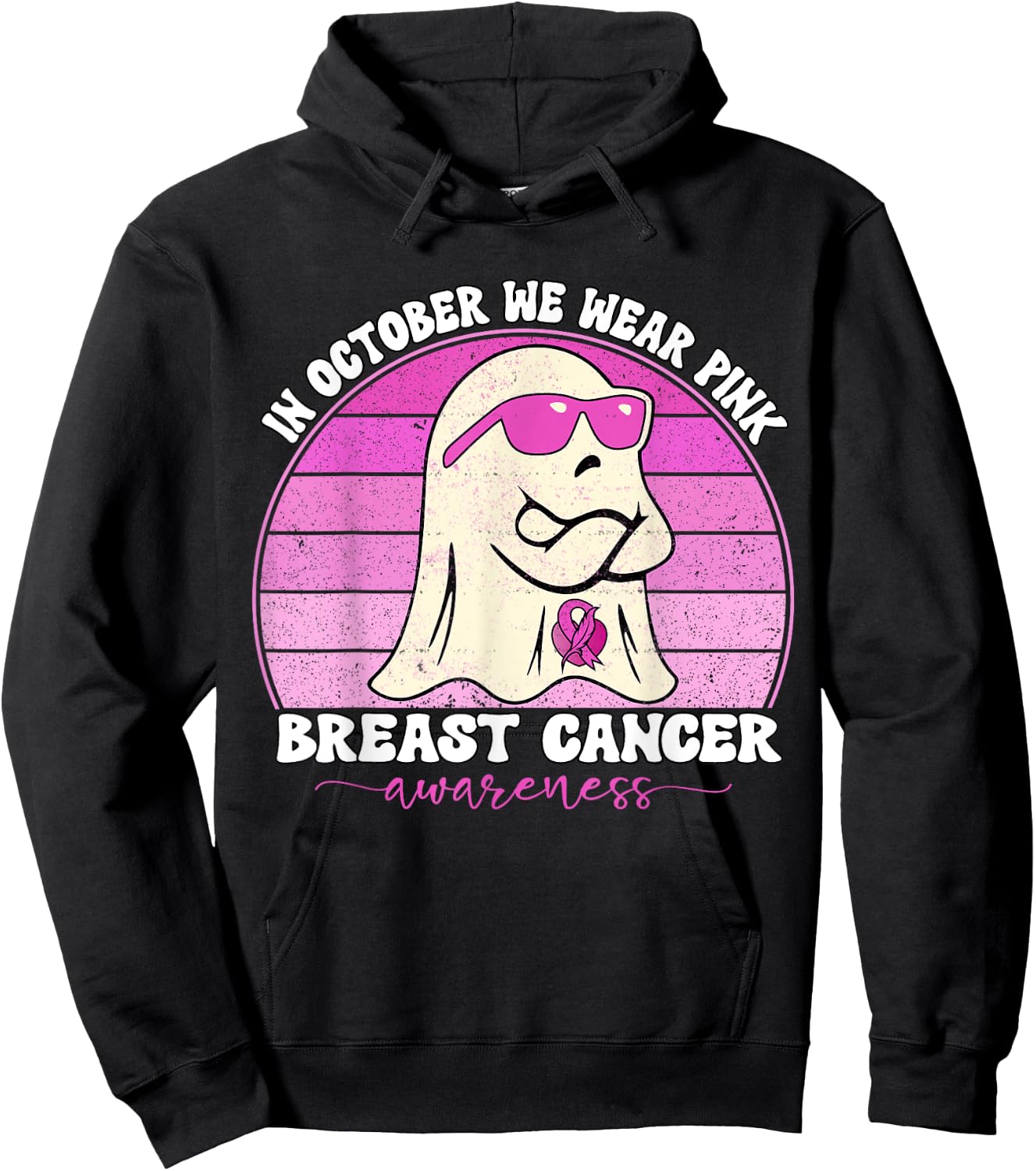 Groovy Breast Cancer Awareness We Wear Pink Ribbon Ghost Hoodie - Hoodie | Black