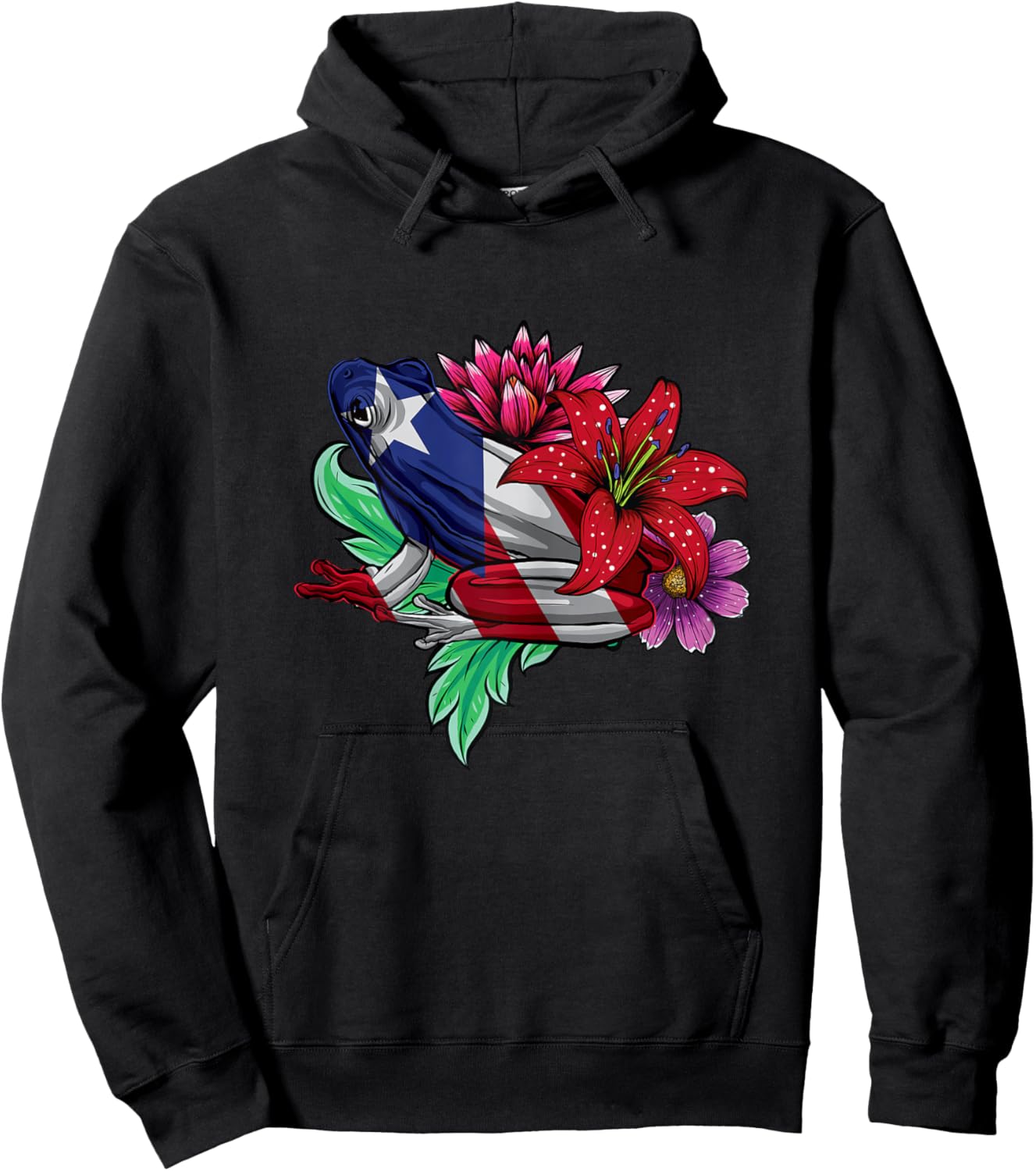 Puerto Rico Coqui Frog Taino Boricua Flag Kids Girls Flower Hoodie - Hoodie | Black