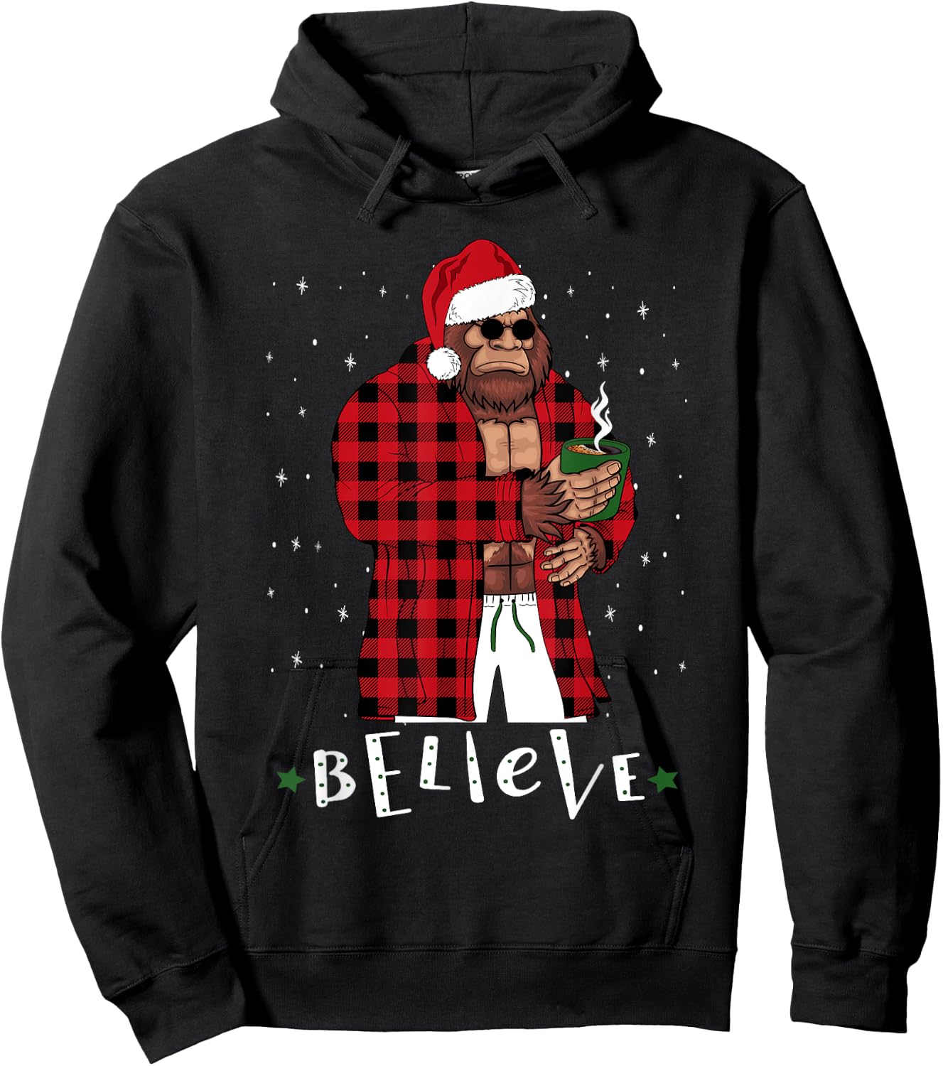 Bigfoot Christmas Buffalo Plaid Sasquatch Coffee Drinker Hoodie - Hoodie | Black