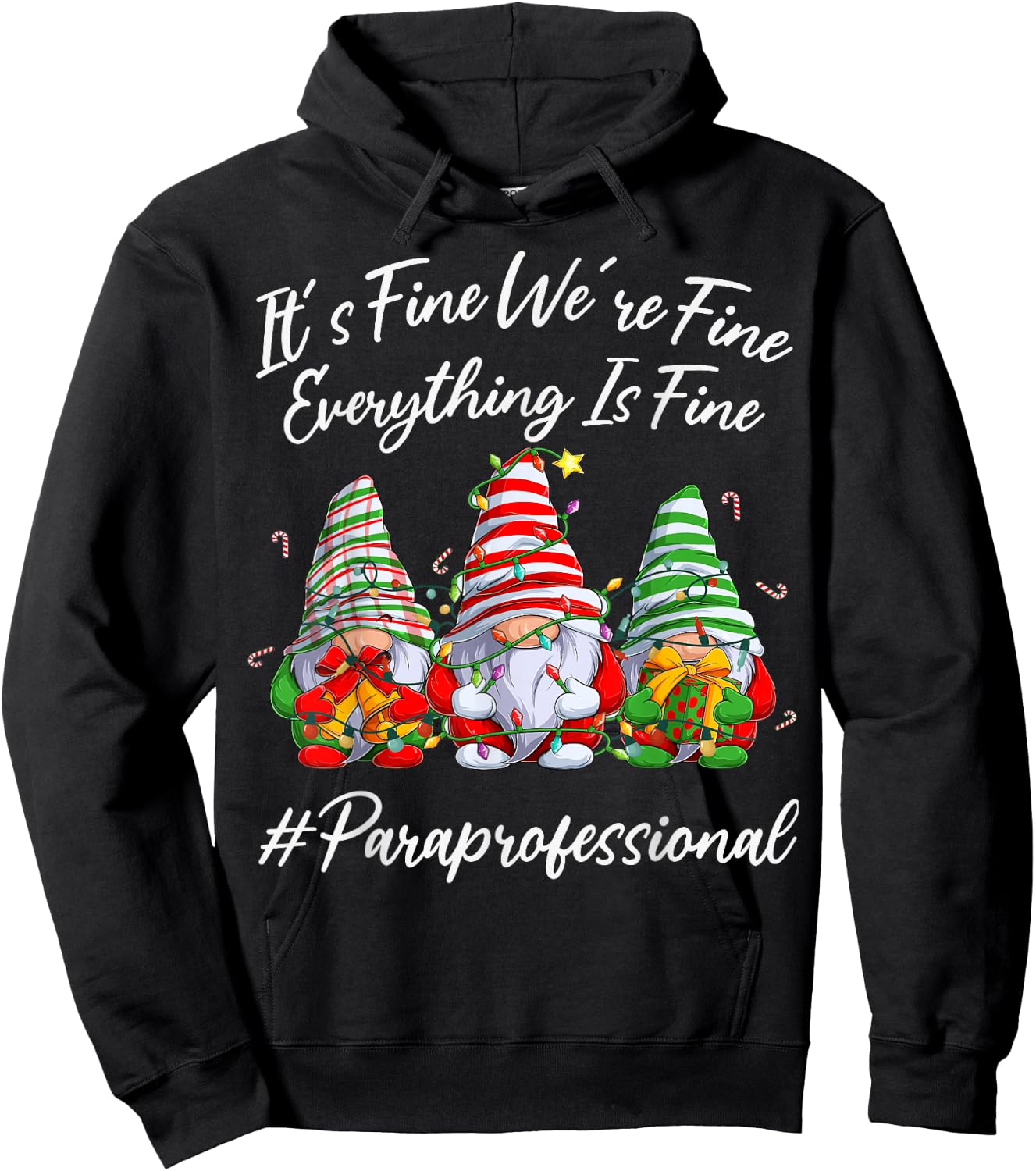 Paraprofessional Funny Everything Is Fine Christmas Gnomie Hoodie - Hoodie | Black