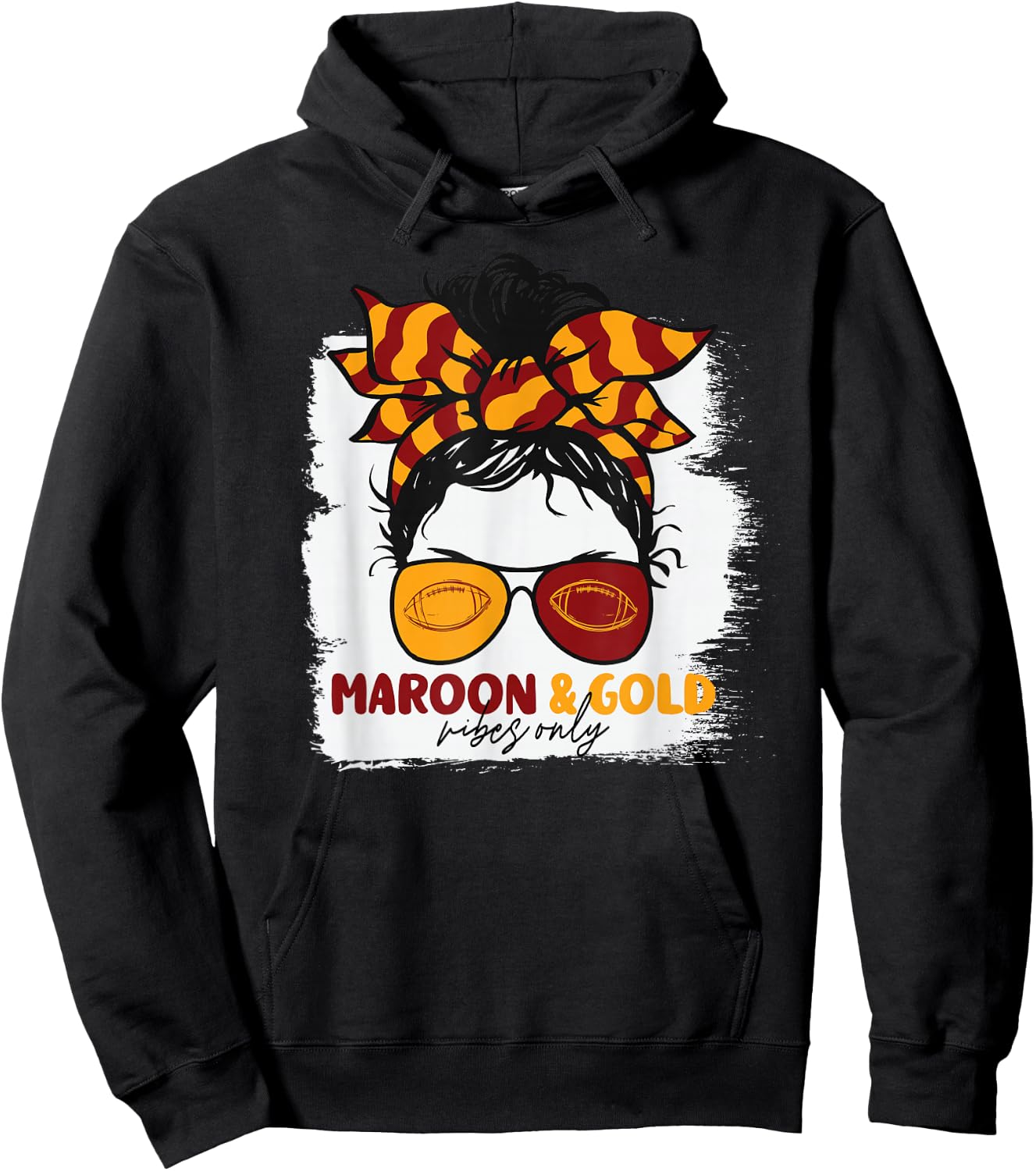 Maroon and Gold Vibes Only Football Mom Gameday Messy Hair Hoodie - Hoodie | Black
