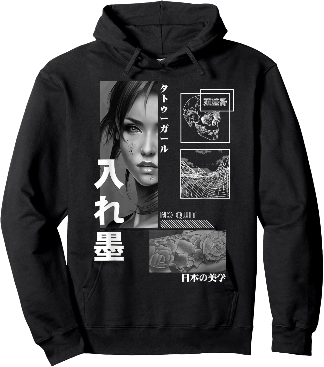 Japanese Aesthetic Girl Flower Tattoo Tokyo Streetwear Hoodie - Hoodie | Black