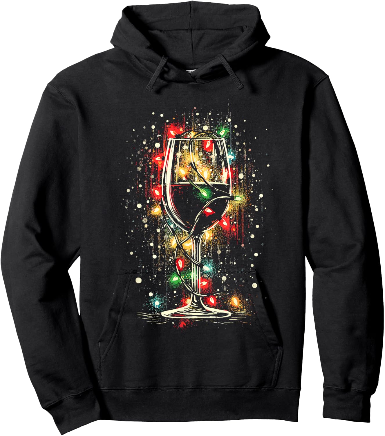 Glass Of Wine With Christmas Lights - Vintage Xmas Lover Hoodie - Hoodie | Black