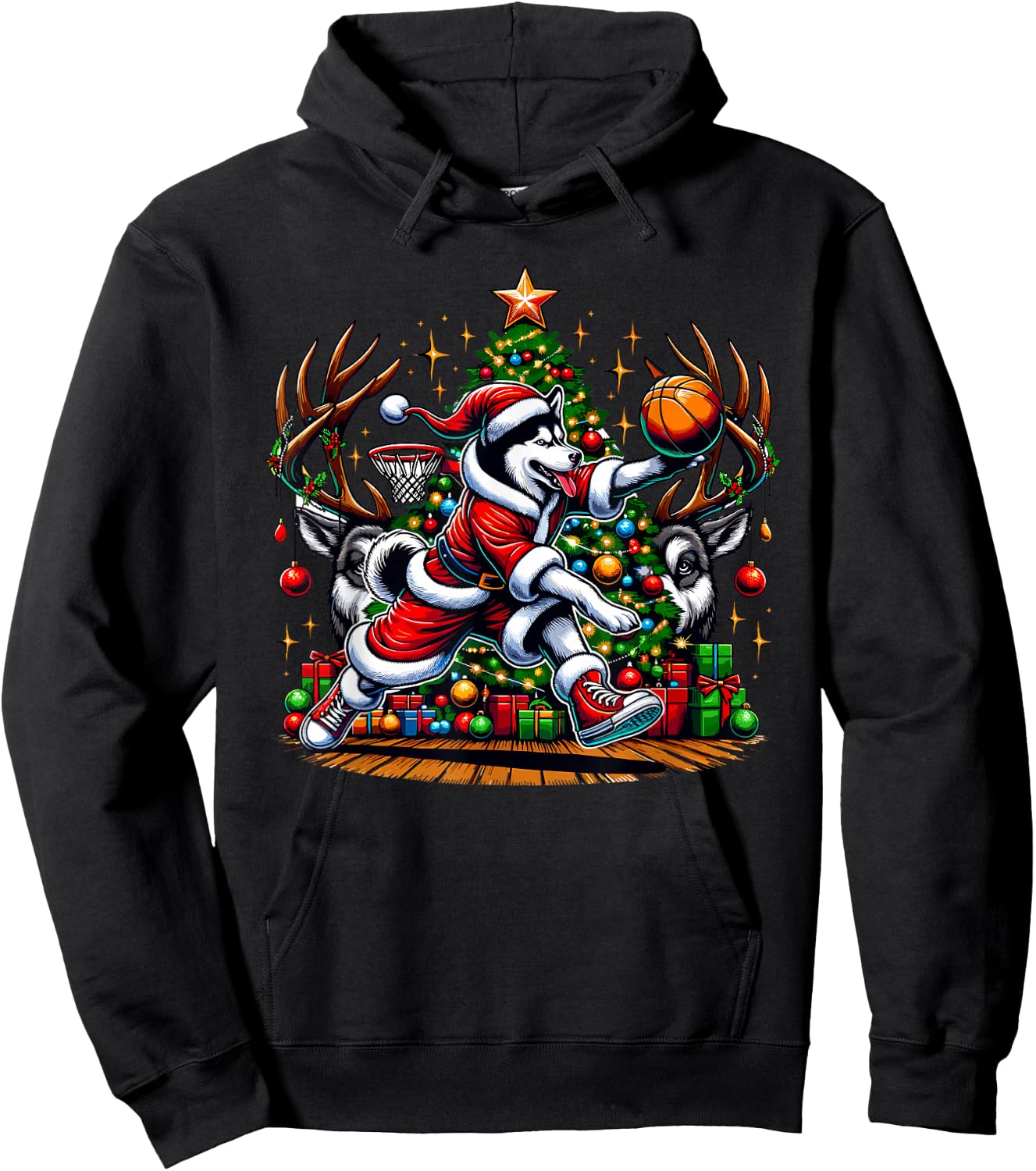 Funny Santa Siberian Husky Dog Play Basketball Christmas Hoodie - Hoodie | Black