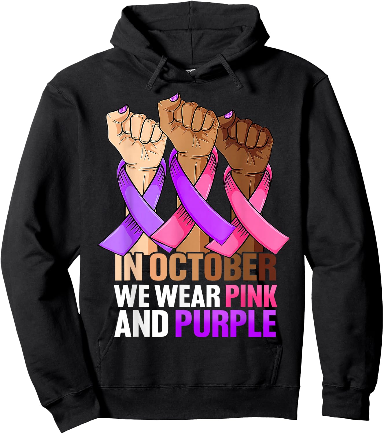 Breast Cancer Domestic Violence Awareness Pink Purple Ribbon Hoodie - Hoodie | Black