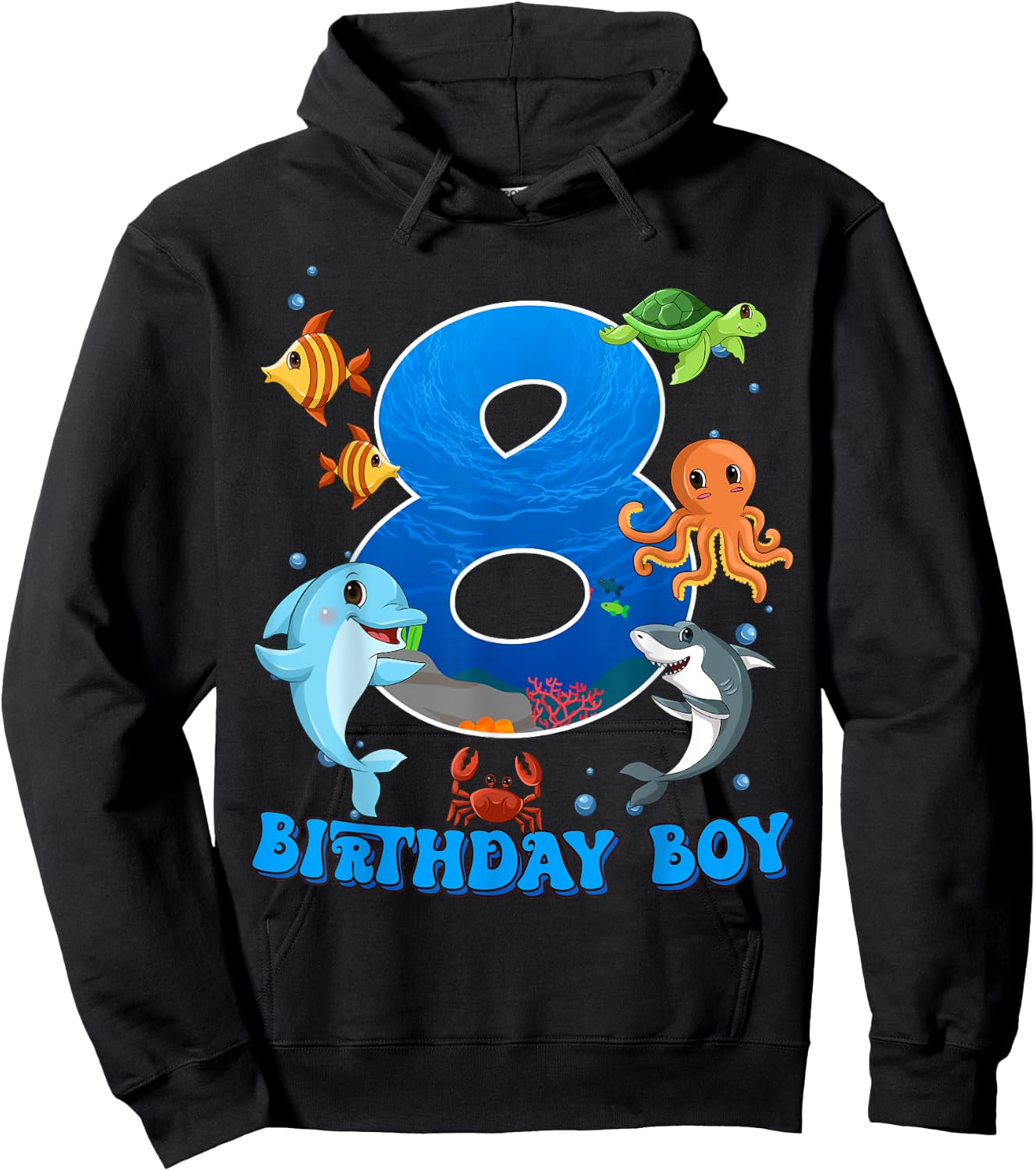 8th Birthday Party Ocean 8 Year Old Sea Fish Birthday Boy Hoodie - Hoodie | Black