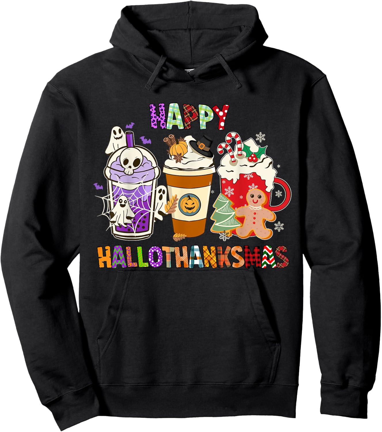 Happy HALLOTHANKSMAS Halloween Thanksgiving Christmas Coffee Hoodie - Hoodie | Black