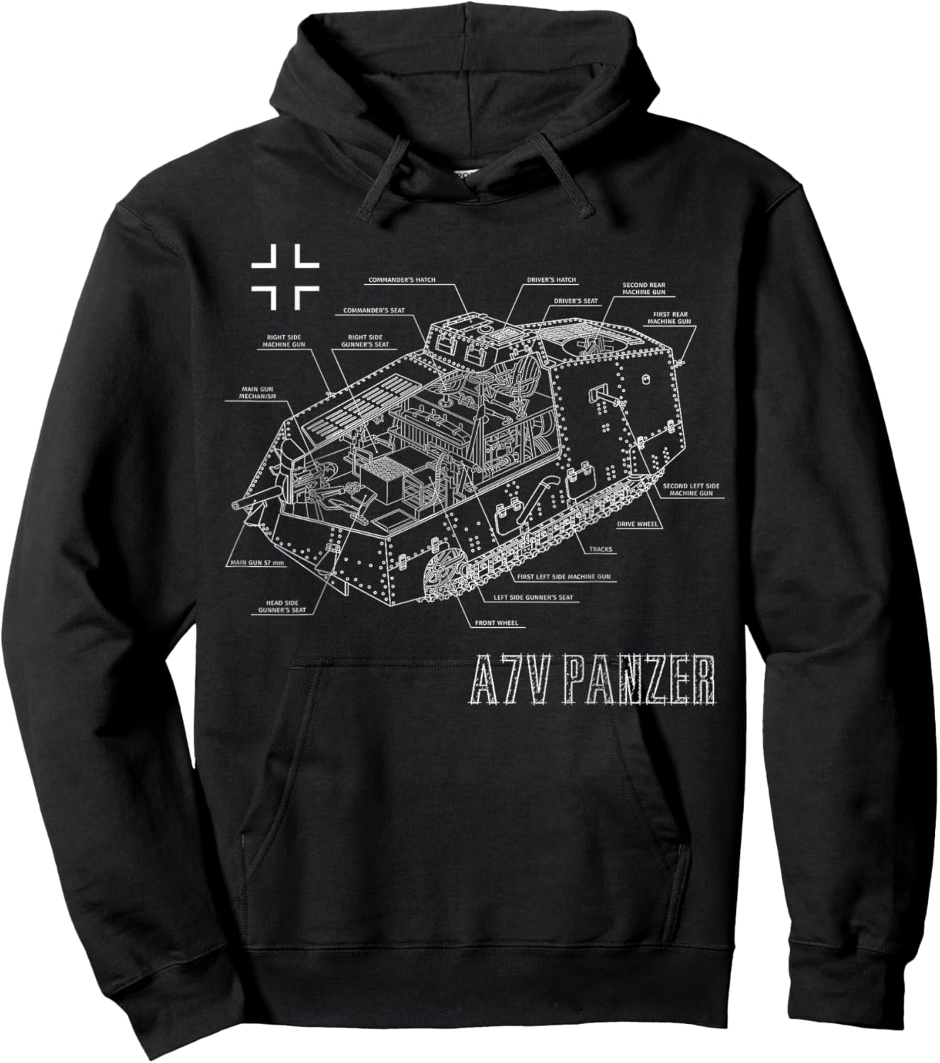 World War 1 German Tank A7V Blueprint Hoodie - Hoodie | Black