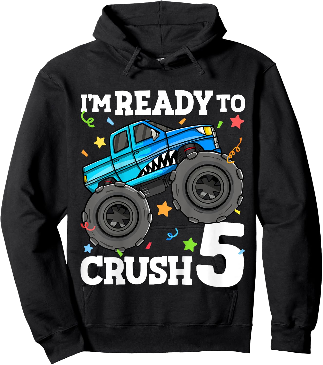 Kids Monster Truck Shark 5th Birthday Boy I'm Ready To Crush 5 Hoodie - Hoodie | Black