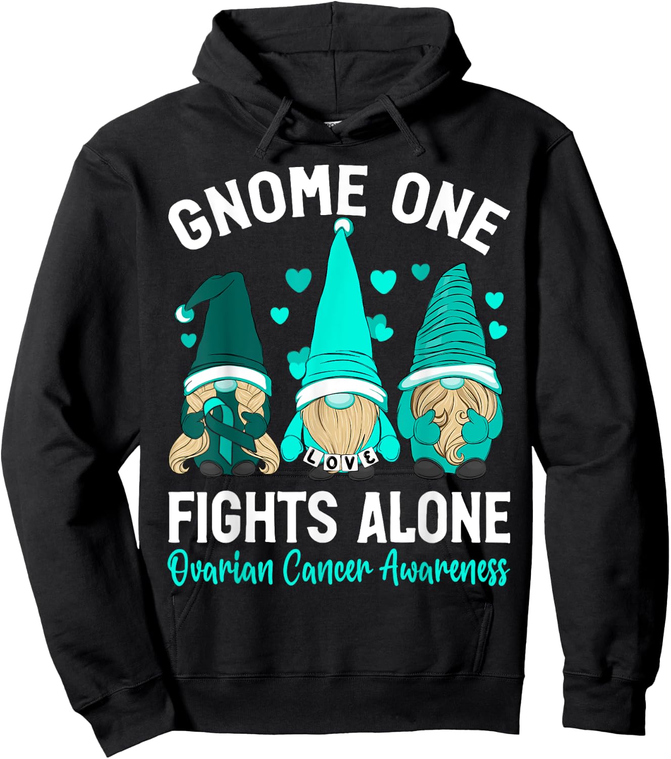 Gnome One Fights Alone Purple Teal Ovarian Awareness Hoodie - Hoodie | Black