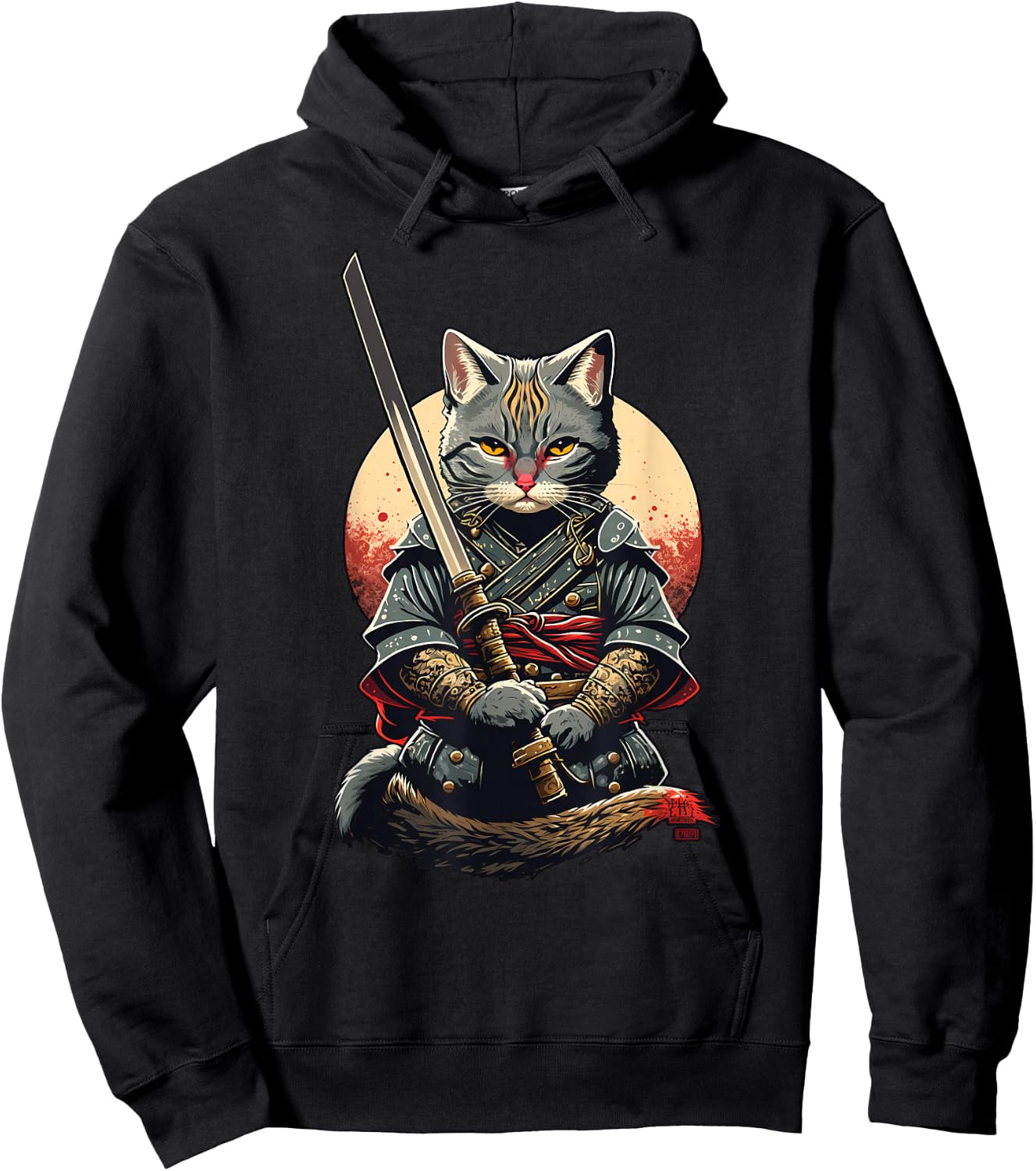 Retro Japanese Warrior Katana Ninja Cat, Samurai Kitten Hoodie - Hoodie | Black