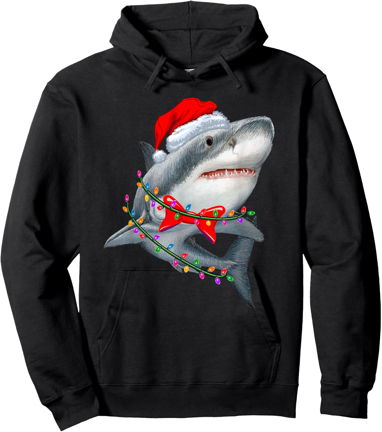 Christmas Lights Shark Wearing Xmas Hat - Cute Shark Lover Hoodie - Hoodie | Black