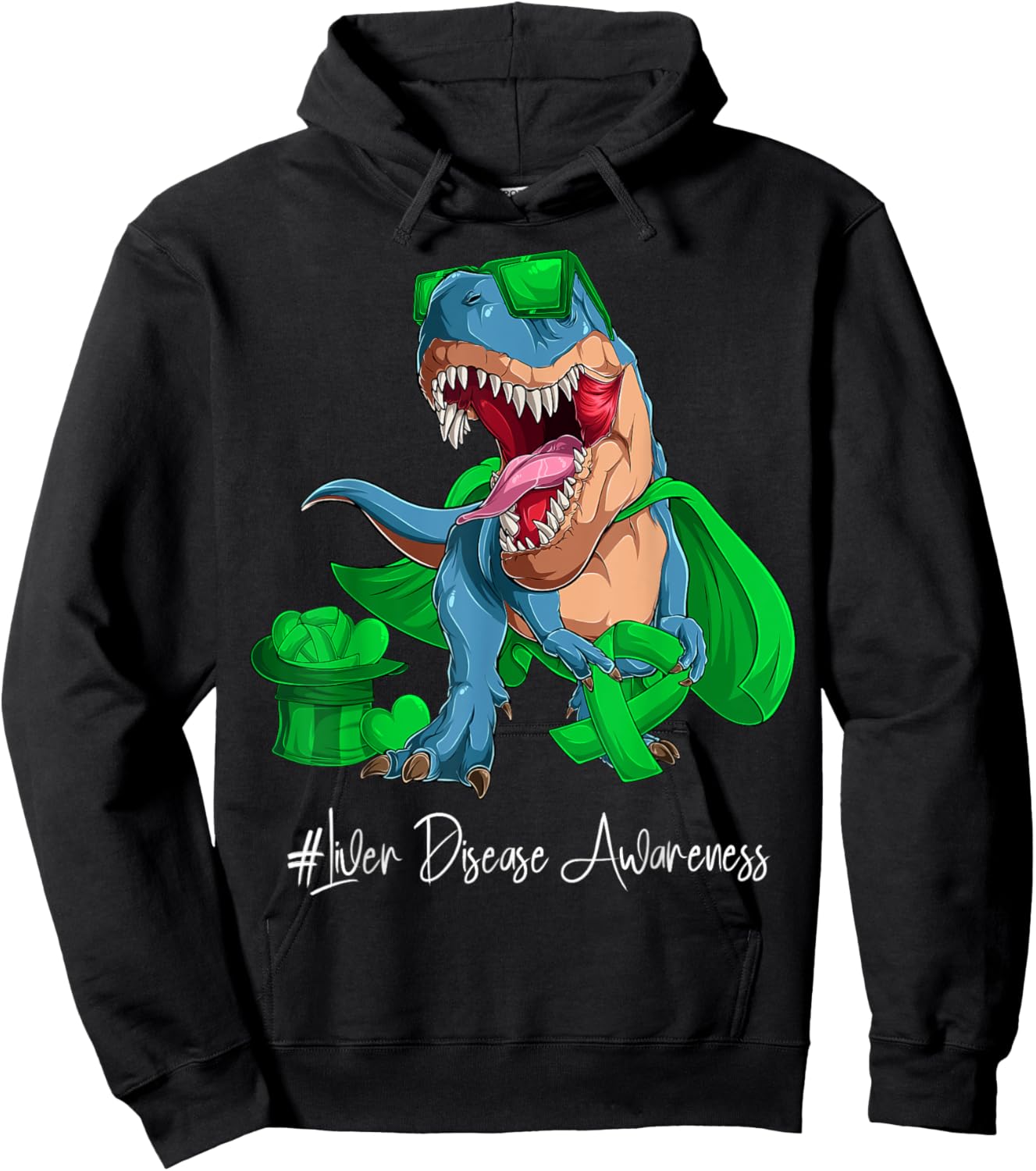 Liver Disease Awareness Month Green Ribbon Trex Hoodie - Hoodie | Black