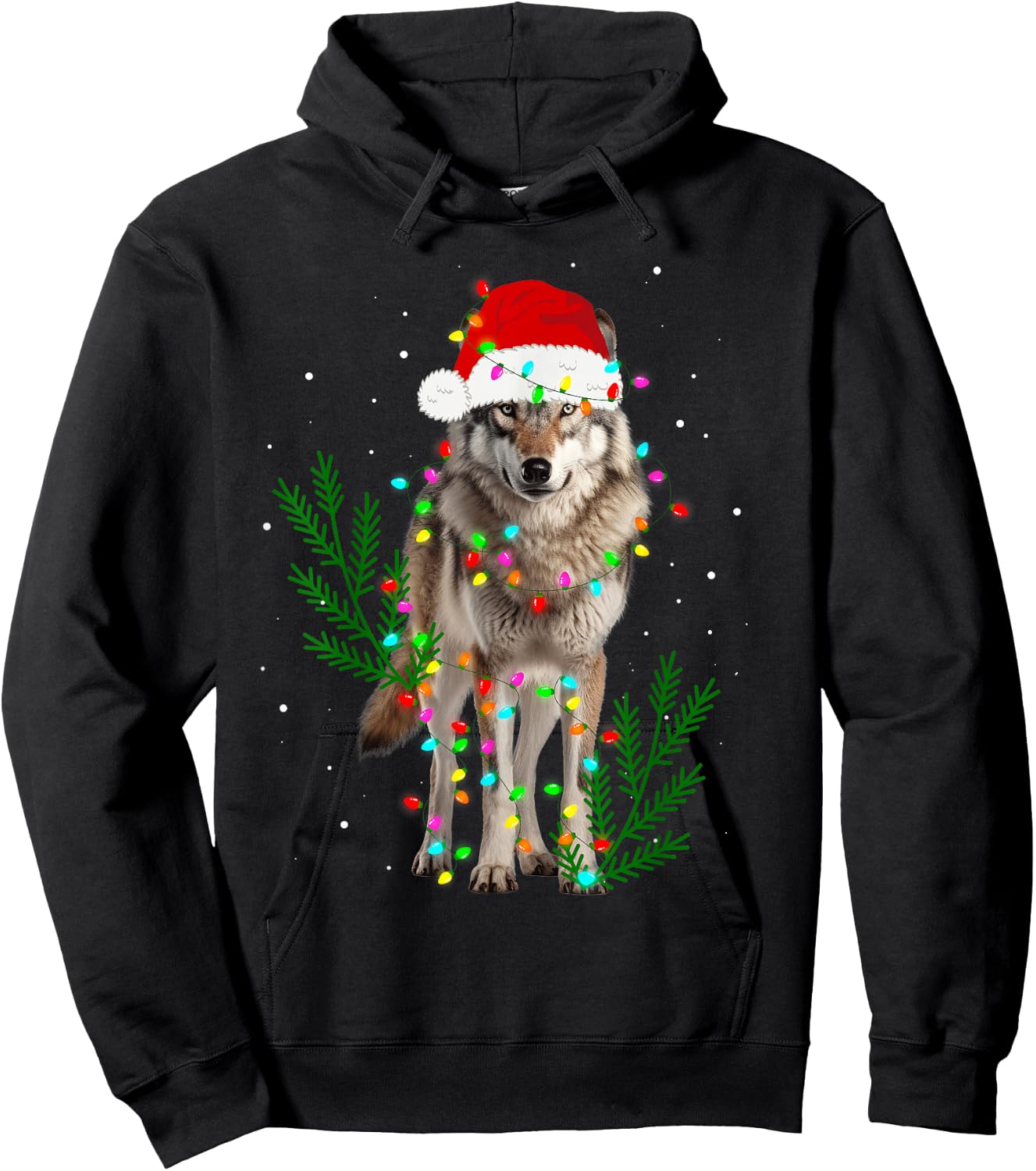 Wolf Santa Hat Christmas Lights Wolf Lover Animal Xmas Hoodie - Hoodie | Black
