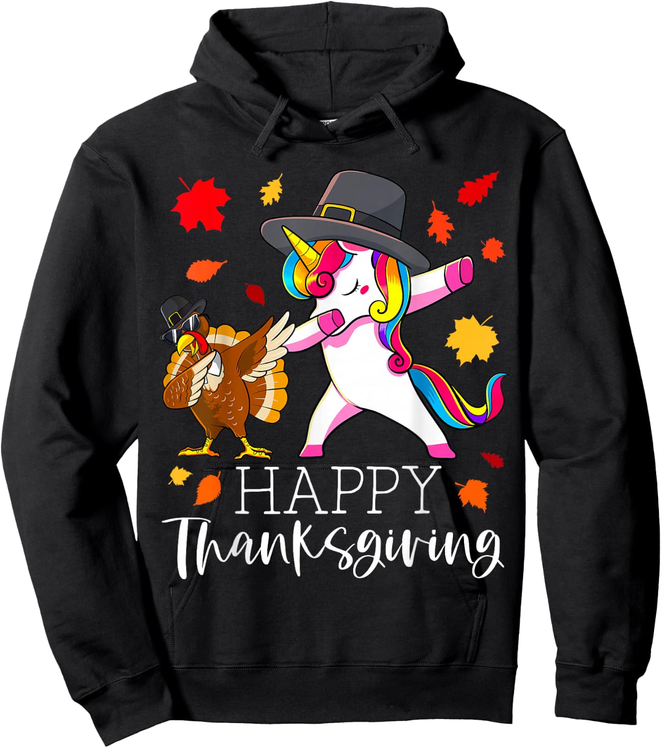 Thanksgiving Unicorn Girls Cute Dabbing Turkey Pilgrim Girl Hoodie - Hoodie | Black