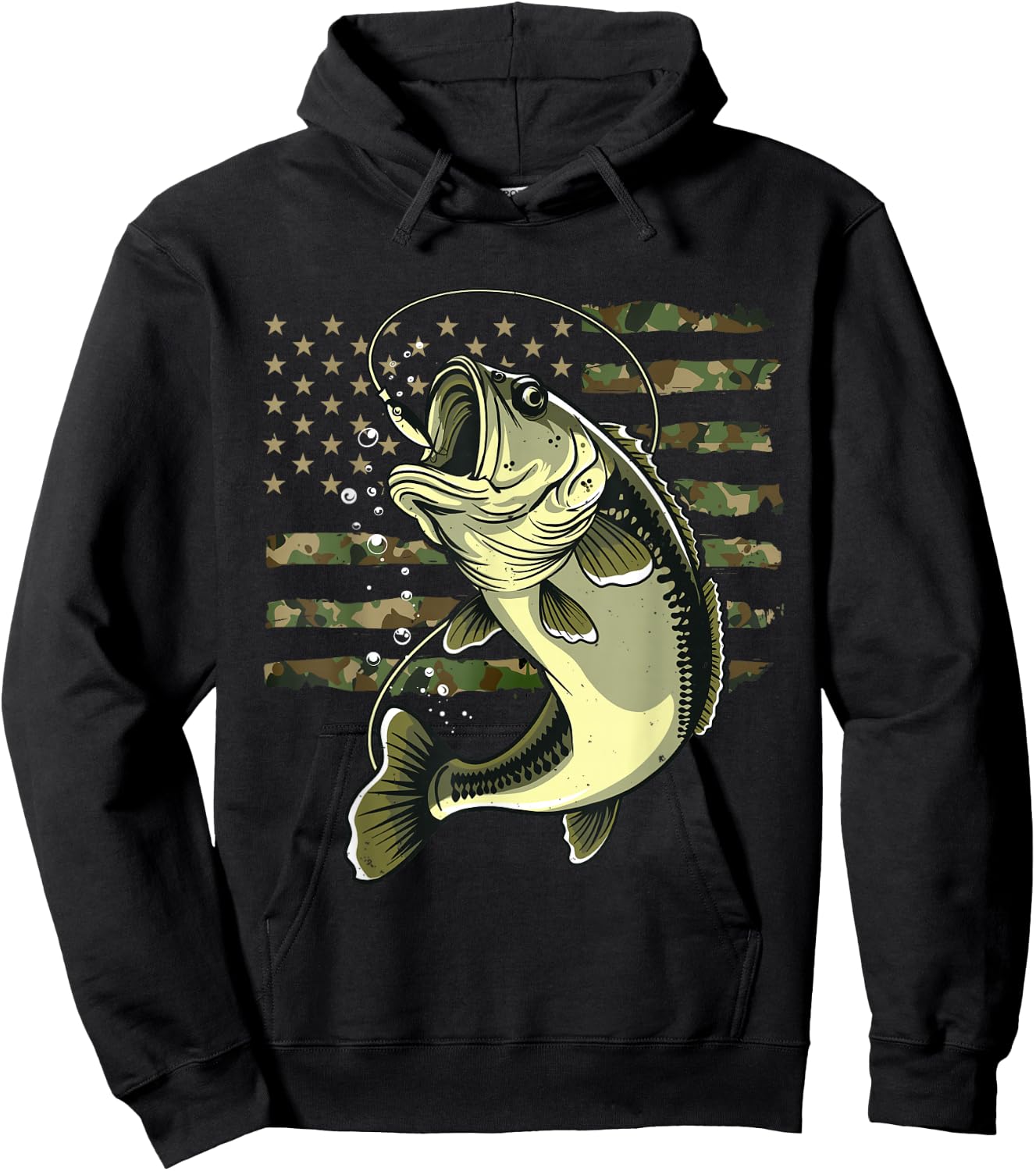 Bass Fish Fishing USA American Flag Camouflage Fisherman Hoodie - Hoodie | Black