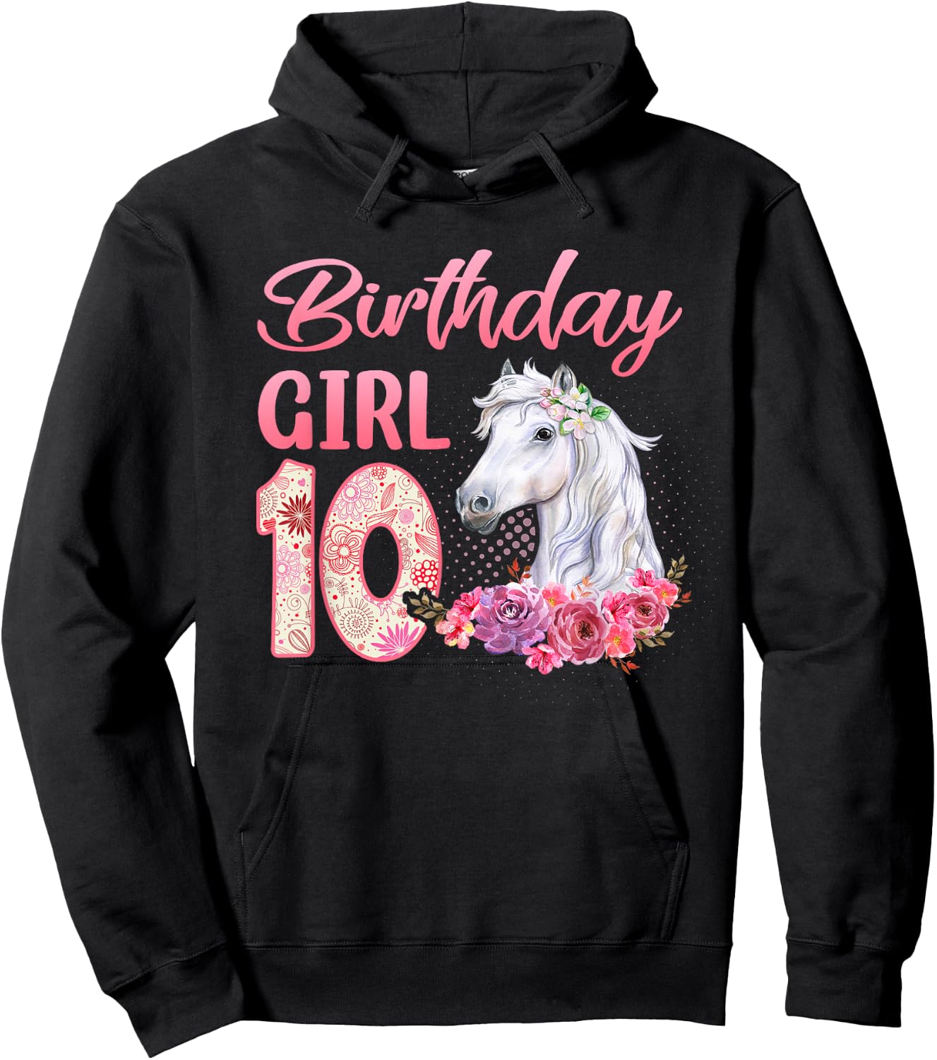 Horse Lovers 10th Birthday Girl Cute 10 Year Old Hoodie - Hoodie | Black
