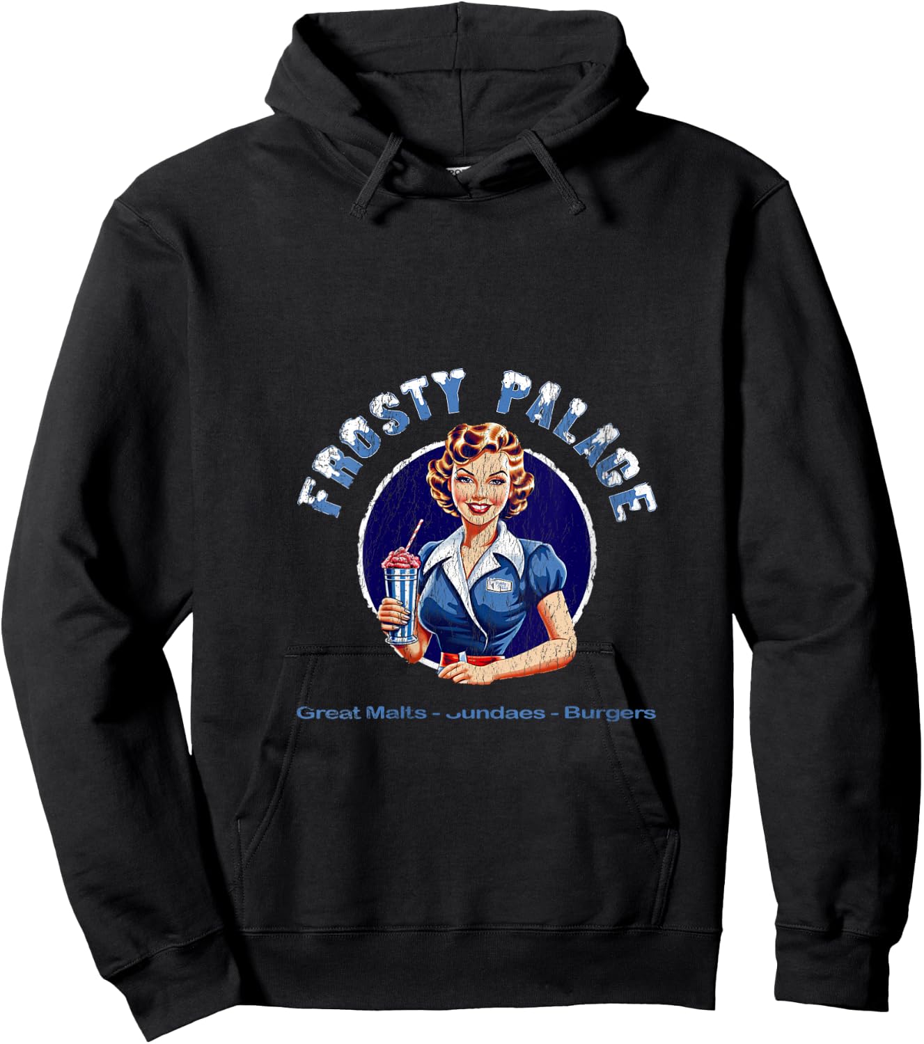Frosty Palace | Classic 70s Retro Movie Distressed V-Neck Hoodie - Hoodie | Black