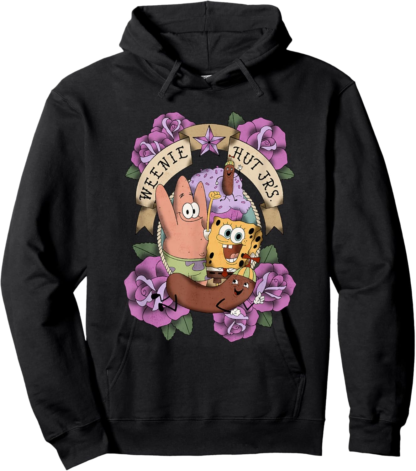 SpongeBob SquarePants Patrick Weenie Hut Jr's. Floral Logo Hoodie - Hoodie | Black