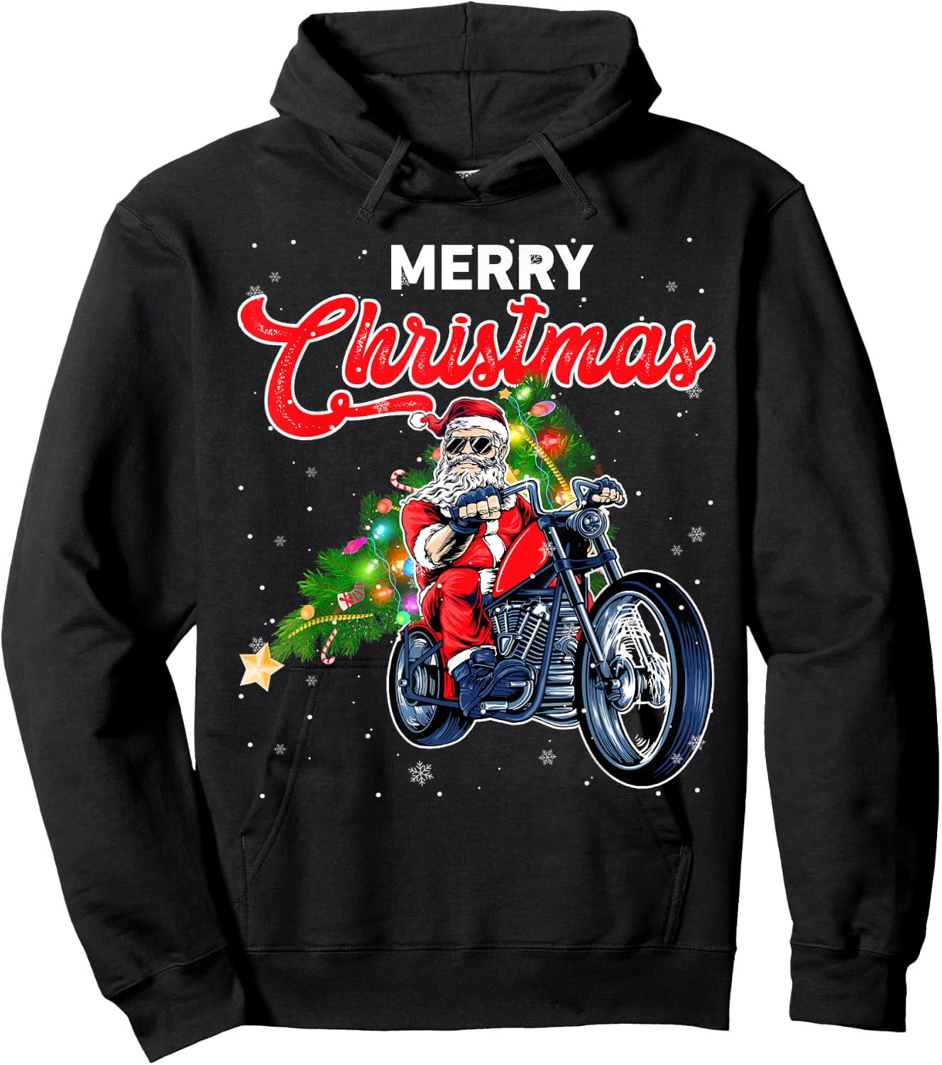 Funny Santa Claus With Motorcycle Xmas Tree Merry Christmas Hoodie - Hoodie | Black