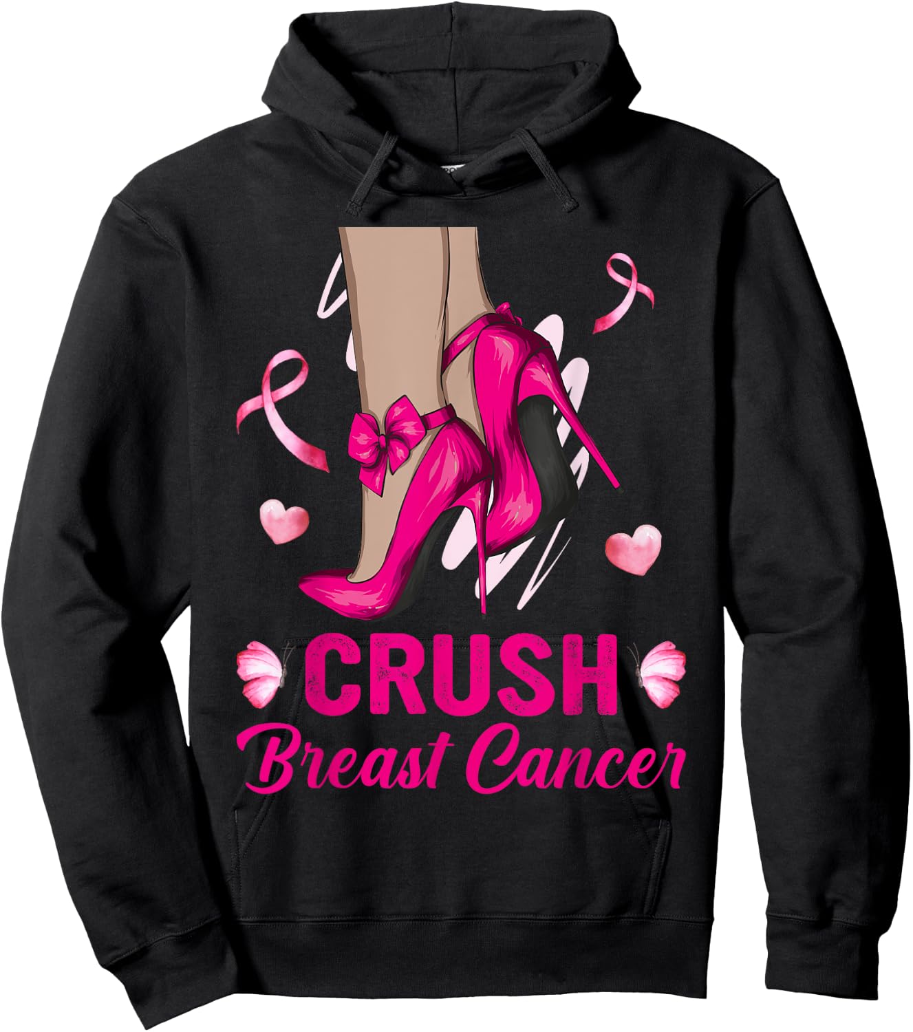 Crush Breast Cancer Awareness Bling High Heels Pink Ribbon Hoodie - Hoodie | Black