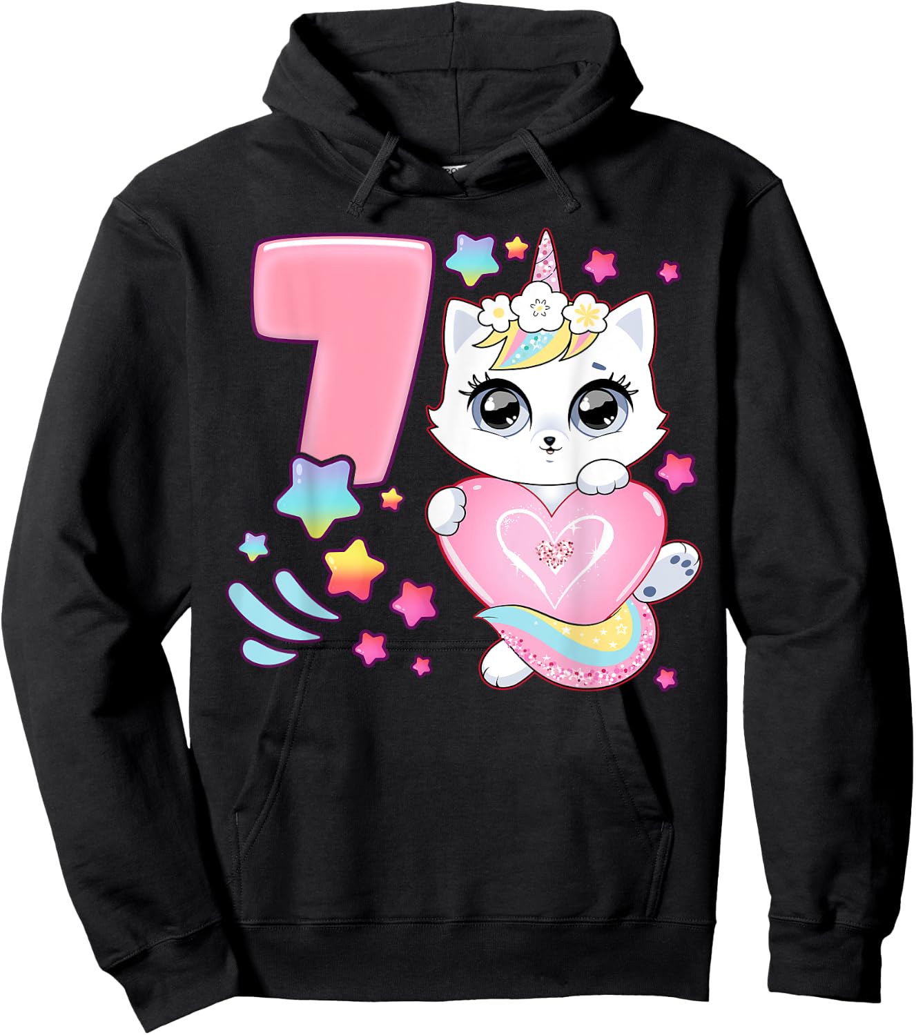 Birthday girl 7 years old, cat, unicorn, 7th birthday Hoodie - Hoodie | Black