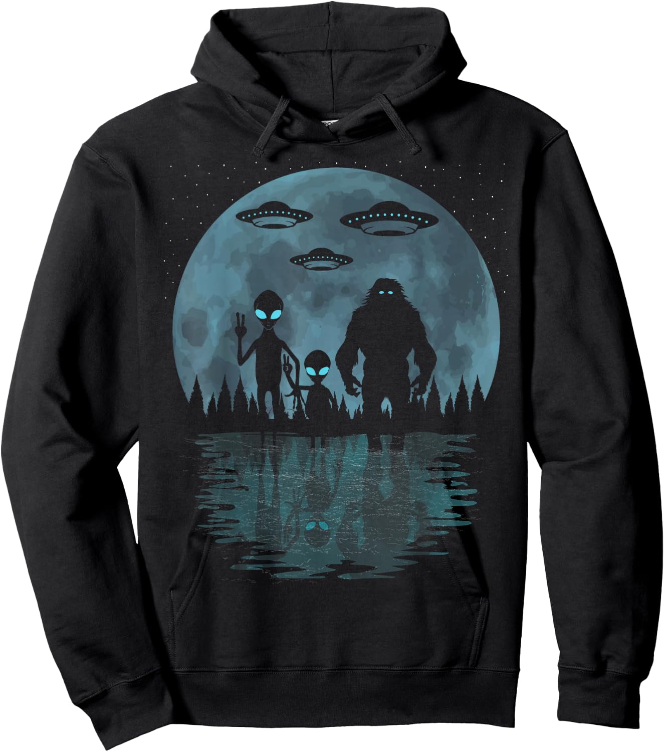 Alien And Bigfoot Moon, UFO's Funny Sasquatch And Aliens Hoodie - Hoodie | Black