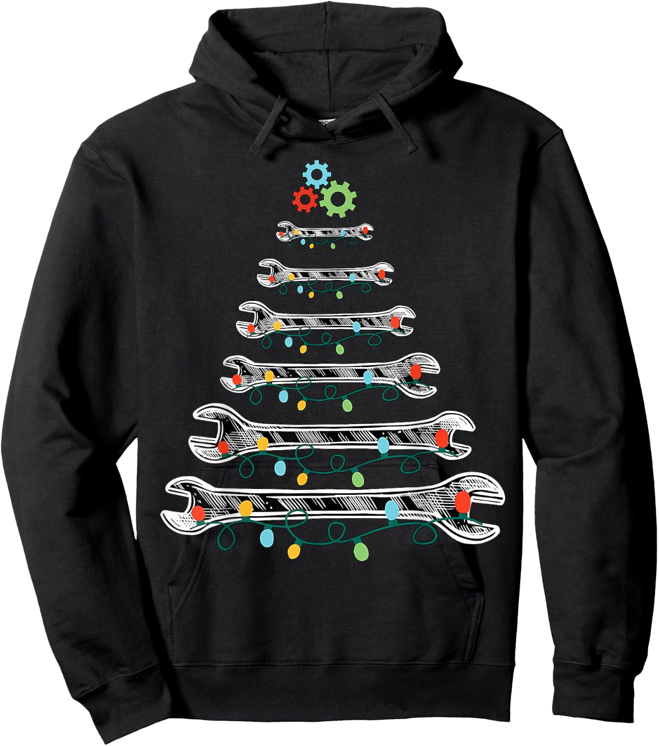 Wrench Christmas Tree Lights Mechanic Xmas Pajama Hoodie - Hoodie | Black