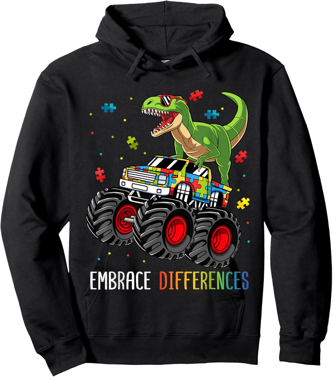 Autism Awareness T-Rex Monster Truck Embrace Differences Hoodie - Hoodie | Black