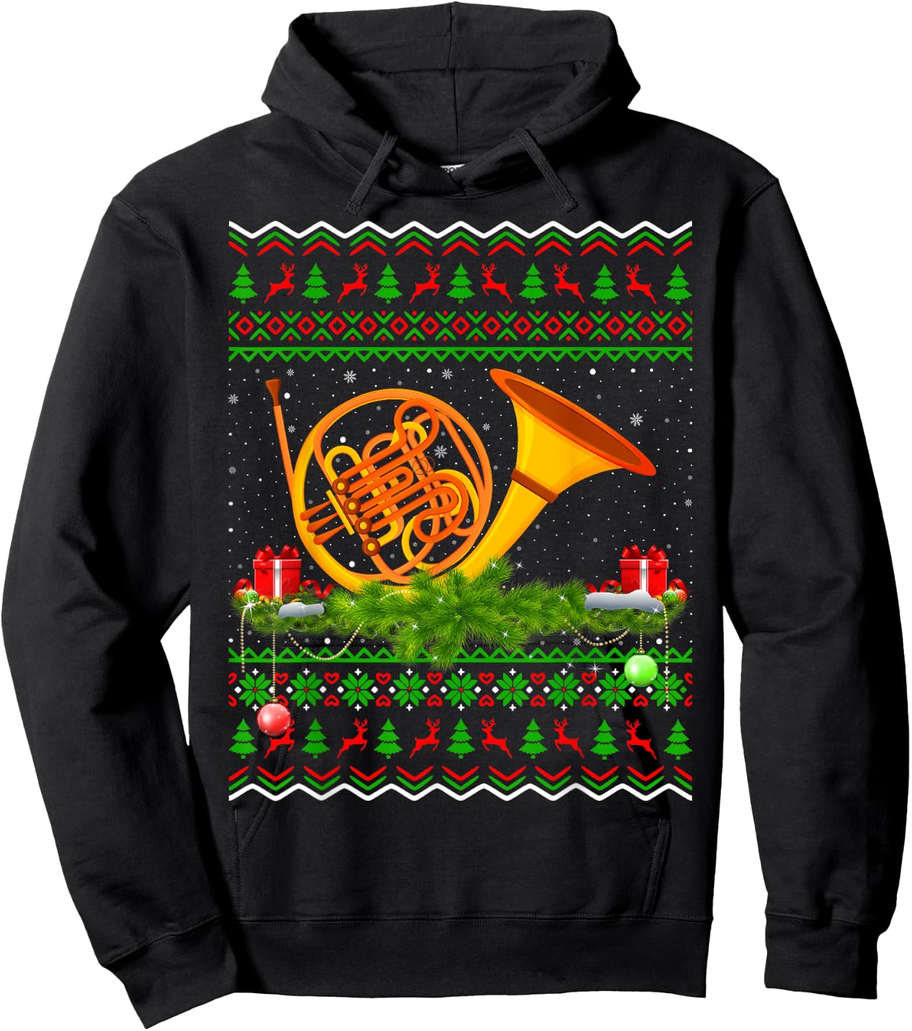 French Horn Musical Xmas Sweater Ugly French Horn Christmas Hoodie - Hoodie | Black