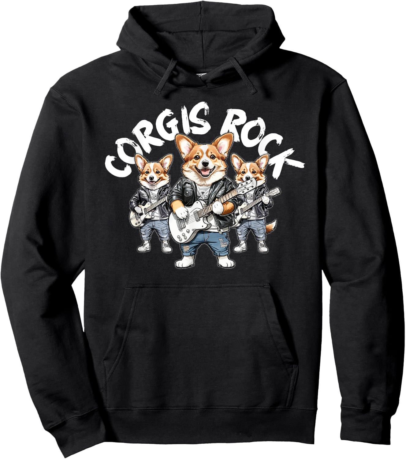 Corgis Rock Cute Cool Corgi Trio Rocking Out Playing Guitar Hoodie - Hoodie | Black