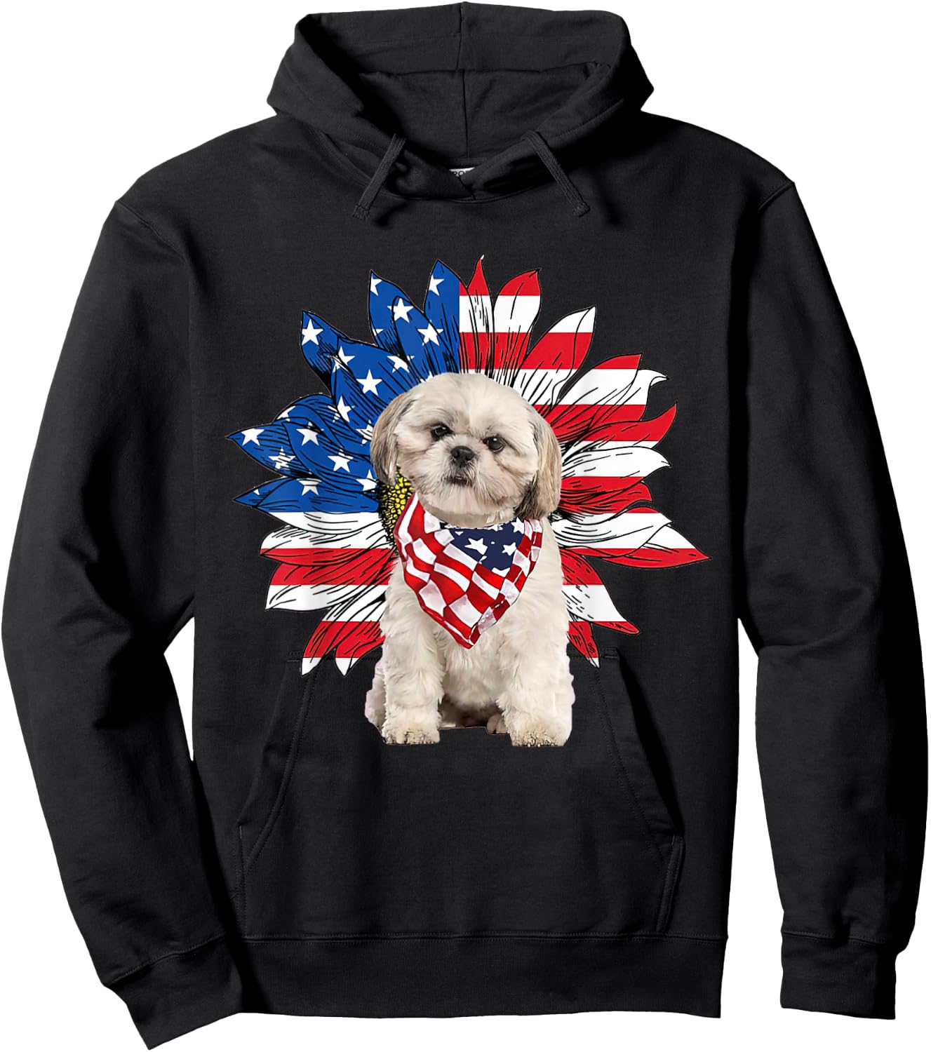 Shih Tzu American Flag Sunflower Dog Lovers 4th Of July Hoodie - Hoodie | Black