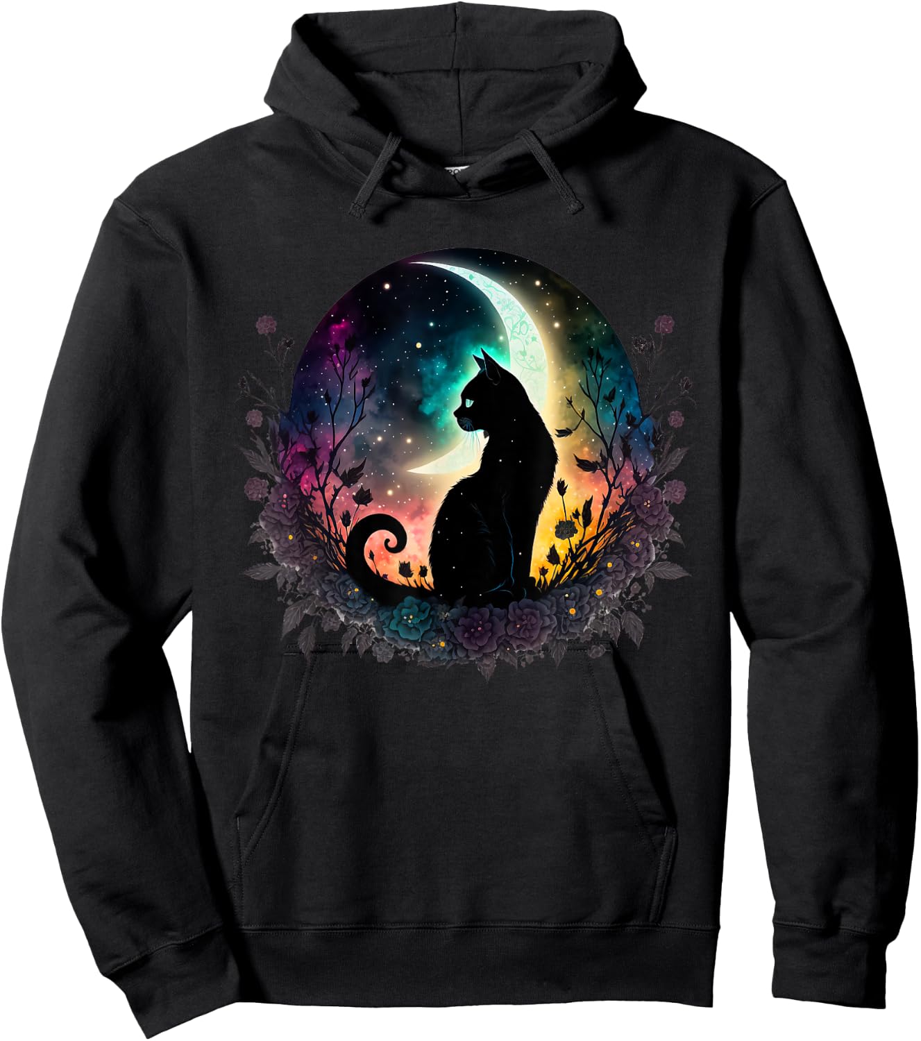 Celestial Cat Moon Botanical Witchy Colorful Spiritual Cats Hoodie - Hoodie | Black