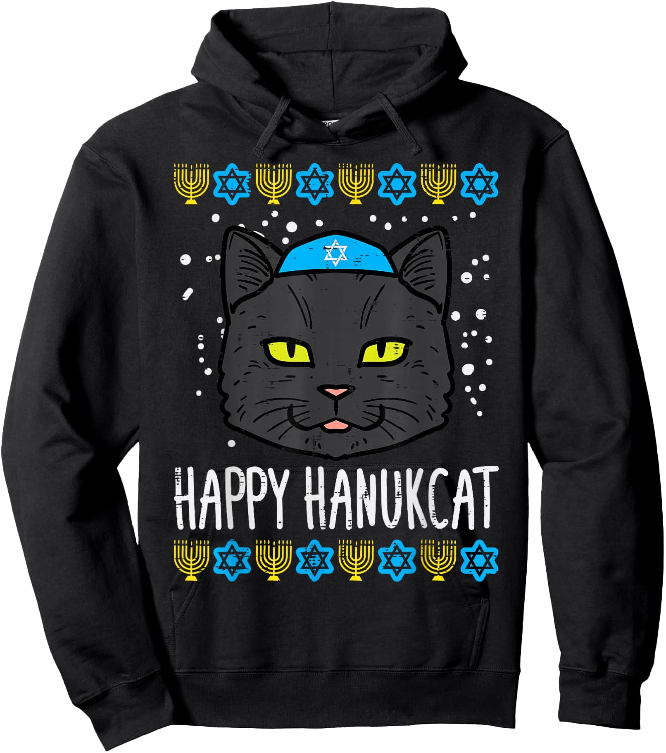 Happy Hanukcat Cat Ugly Hanukkah Chanukah Jew Men Women Kids Hoodie - Hoodie | Black