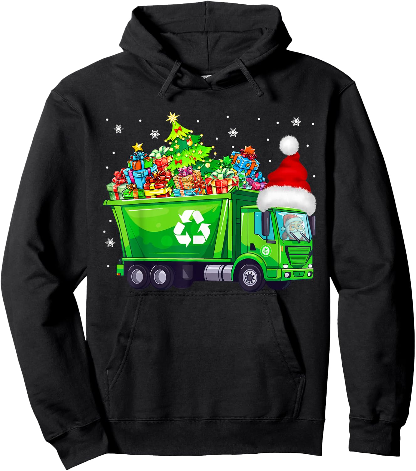 Santa Garbage Truck Carrying Christmas Tree Xmas Driver Hoodie - Hoodie | Black