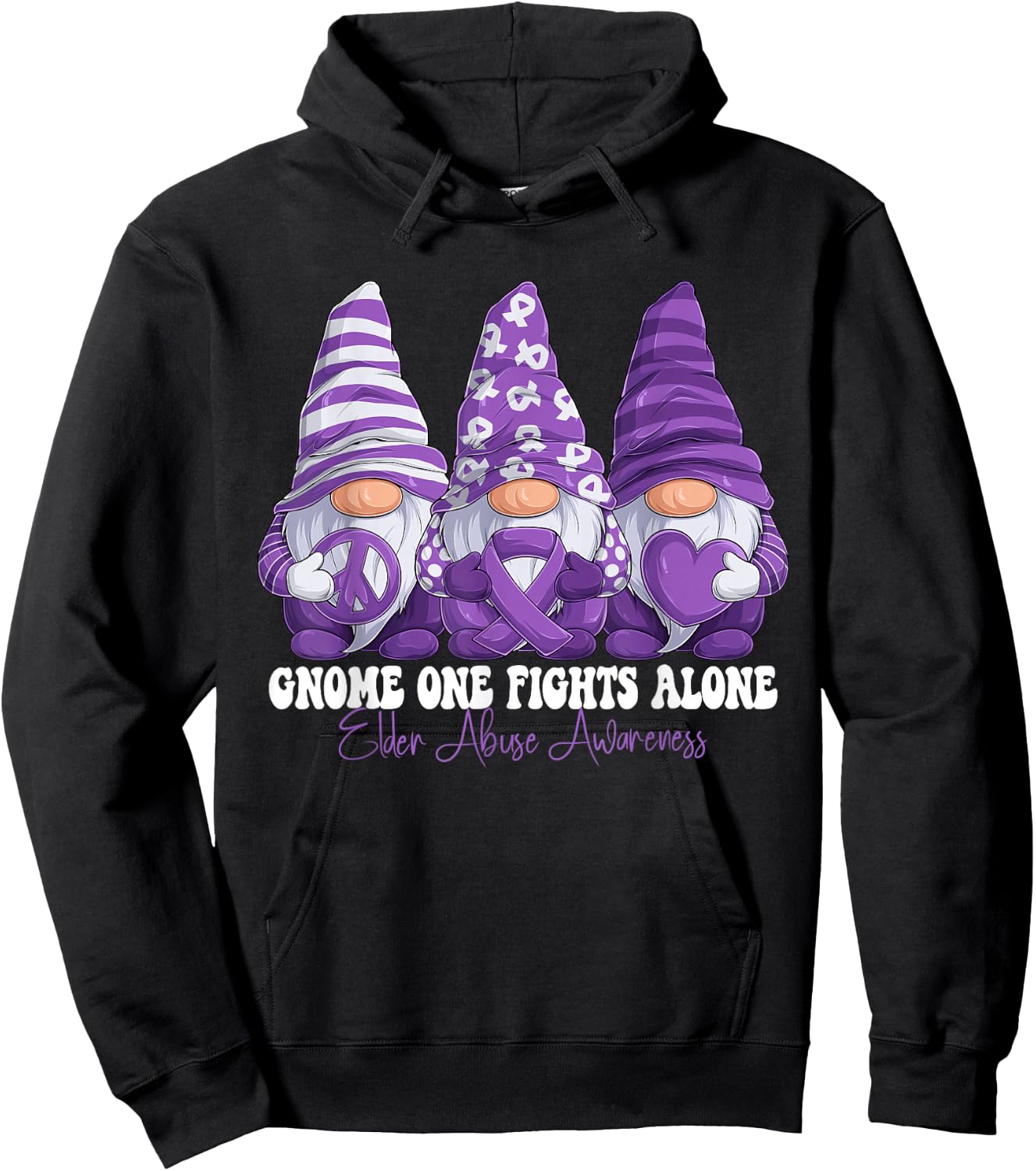 Elder Abuse Awareness Month Purple Ribbon Gnomies Support Hoodie - Hoodie | Black