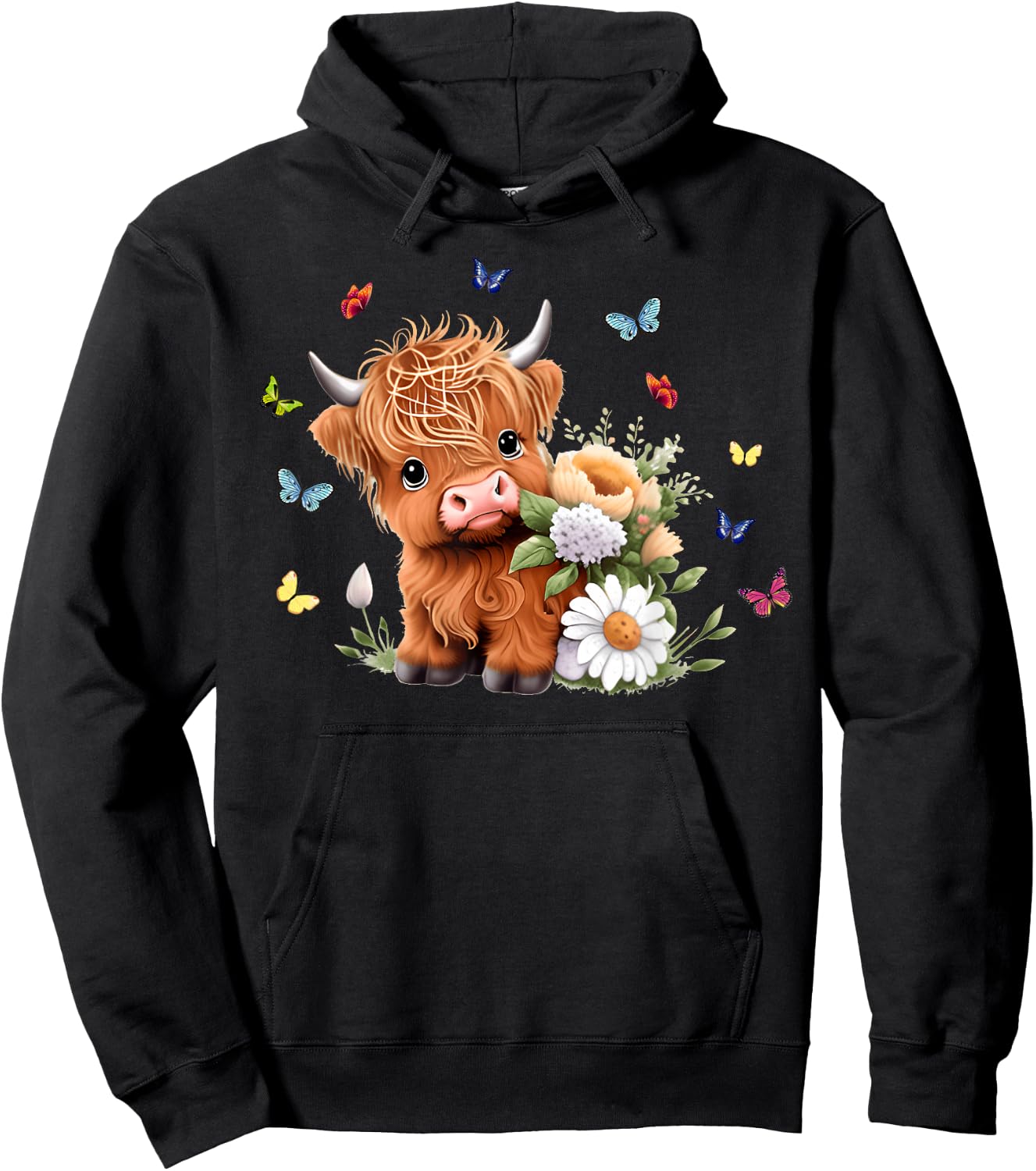 Cute Baby Highland Cow with Flowers Calf Animal Spring Hoodie - Hoodie | Black