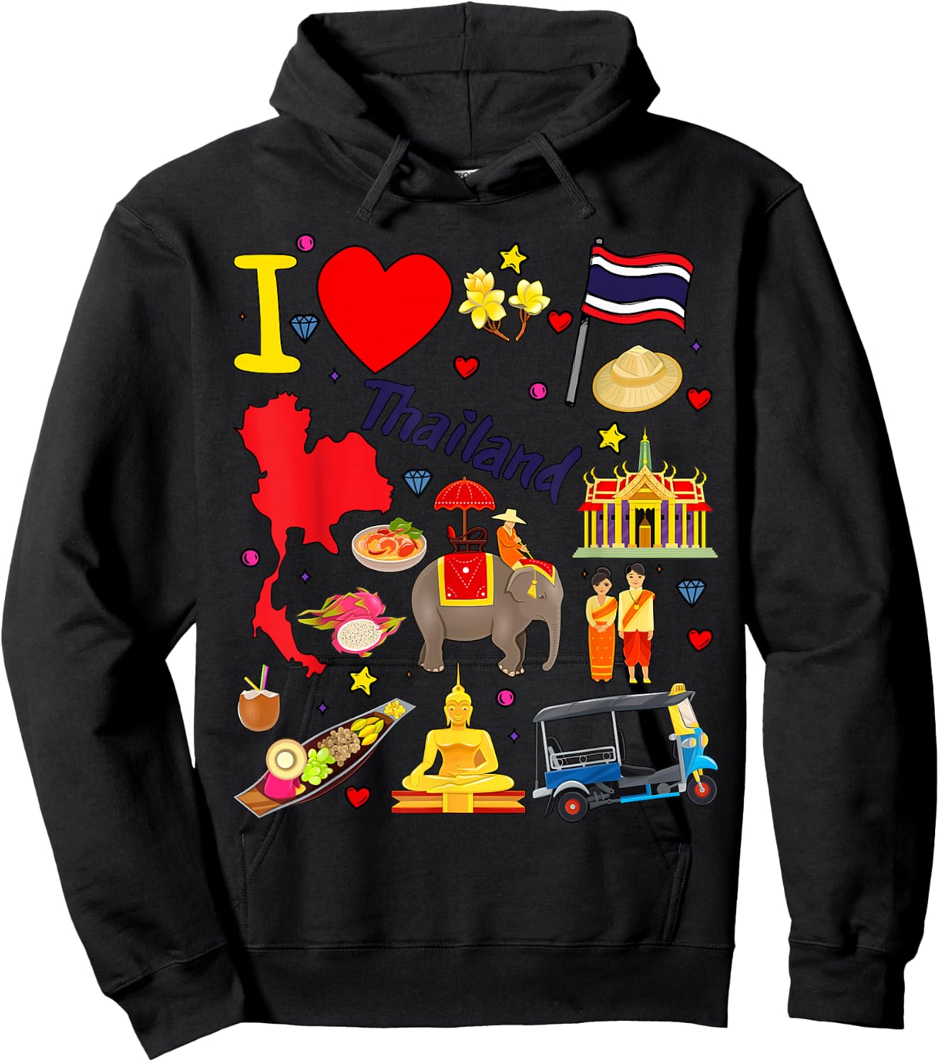 I love Thailand. Hand drawn Thai Landmarks, flag and map Hoodie - Hoodie | Black