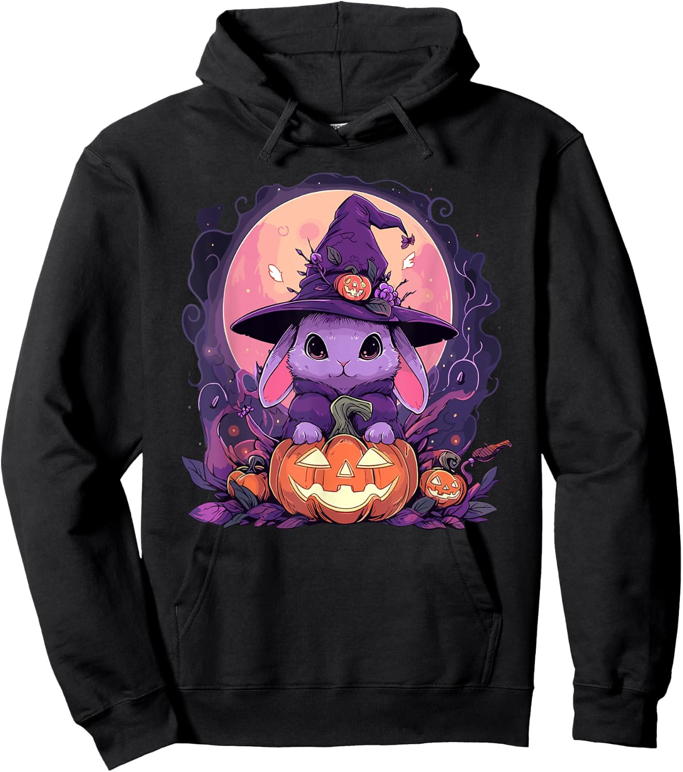 Halloween Cute Bunny Rabbit Witch Hat Jack o Lantern Graphic Hoodie - Hoodie | Black