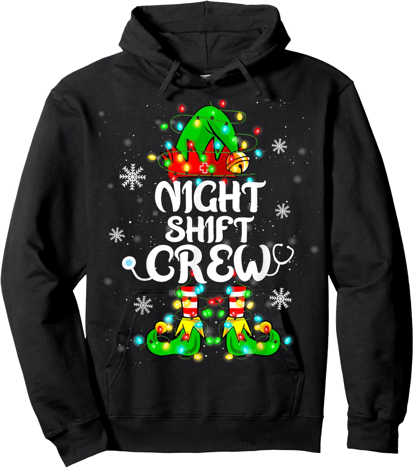 Night Shift Crew Funny Nurse Elf Chrsitmas Lights Cute Xmas Hoodie - Hoodie | Black