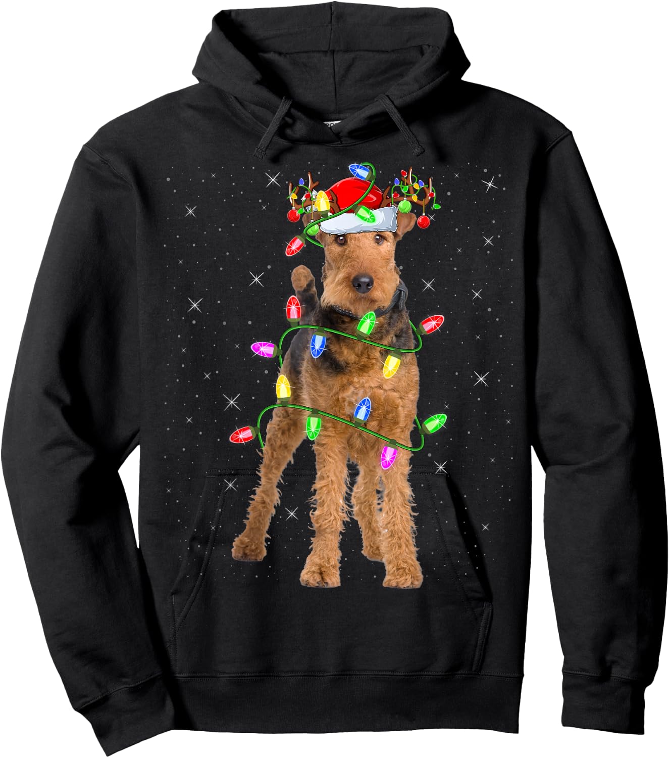 Xmas Holiday Lighting Santa Airedale Terrier Christmas Hoodie - Hoodie | Black