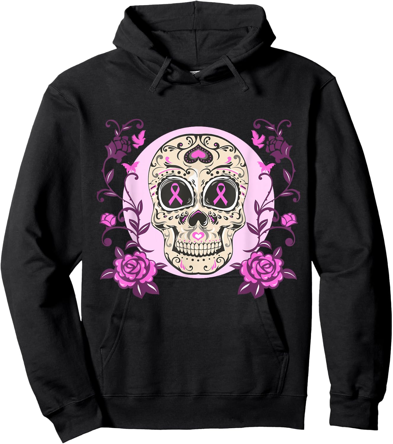 Sugar Skull Pink Ribbon Breast Cancer Awareness Calavera Hoodie - Hoodie | Black