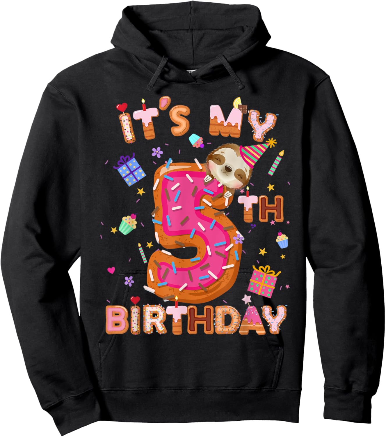 5 Year Old Gifts Boys Girls Teens Donut Sloth 5th Birthday Hoodie - Hoodie | Black