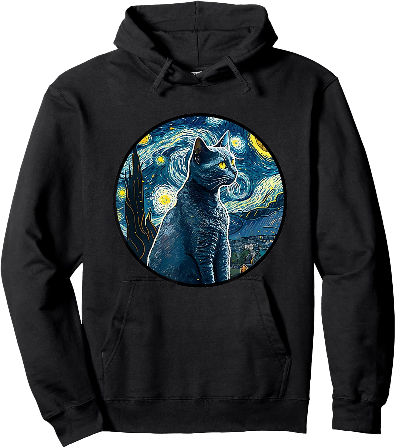 Russian Blue Cat in Starry Night Painting Men Women Kids Hoodie - Hoodie | Black