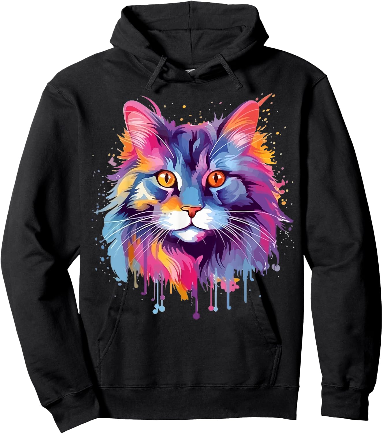 Colorful Splash Art Maine Coon Cat Face Hoodie - Hoodie | Black