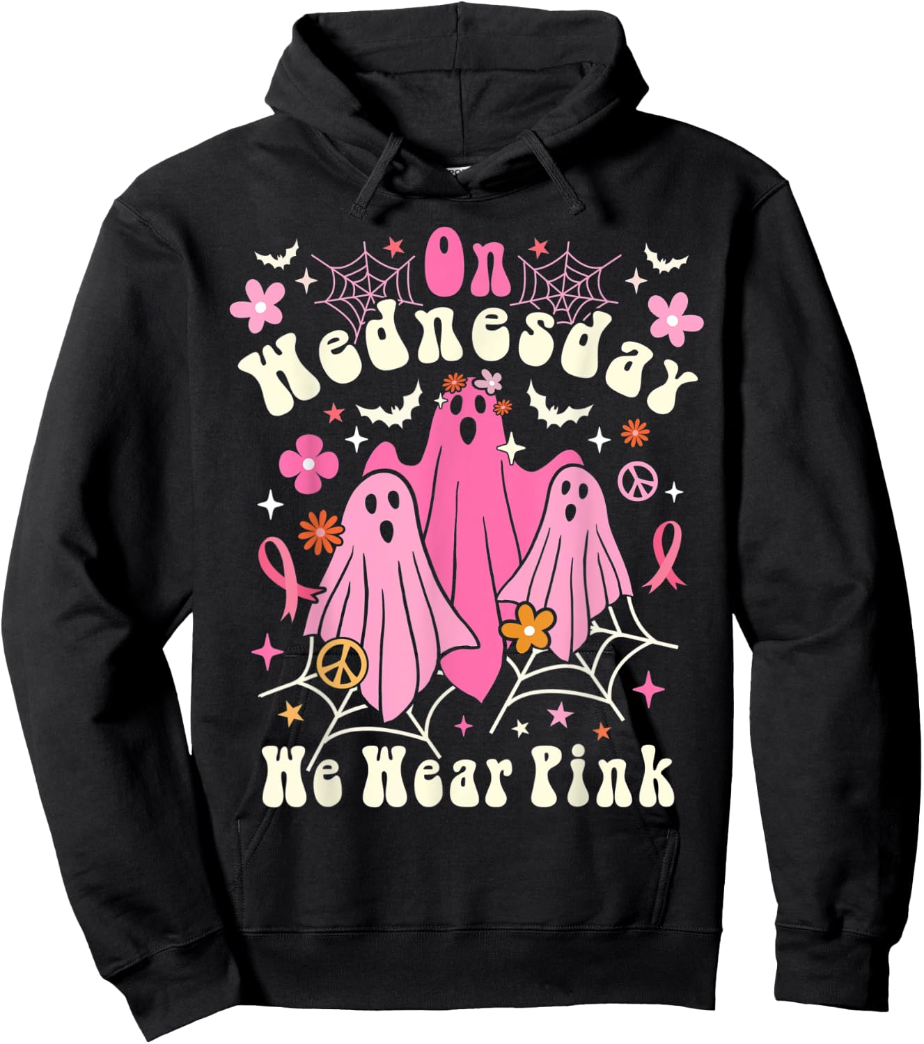 On Wednesday We Wear Pink Ghost Halloween Breast Cancer 2022 Hoodie - Hoodie | Black
